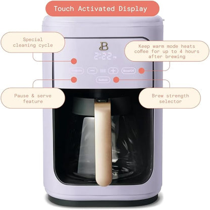 Beautiful by Drew Barrymore 14-Cup Programmable Drip Coffee Maker, Touch-Activated Display, Fast 14-Min Brew, Bold Strength, Keep Warm 4hrs, Gold Filter (Lavender)