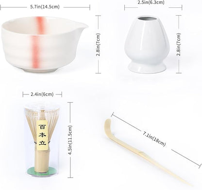 Matcha Whisk Set,Ceramic Matcha Set,with Ceramic Bowl,Bamboo Whisk&Holder,Scoop,Authentic Japanese Matcha,for Matcha Lovers,Gift for Family/Friend(Spotted Pink)
