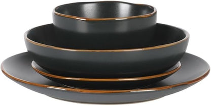 Gibson Home Hazeltine 16-Piece Black Stoneware Dinnerware Set – Plates and Bowls, Durable Ceramic Kitchen Dinner Set