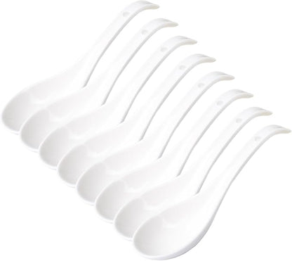 Soup Spoons Set of 8, Ceramic Chinese Soup Spoon, Asian Soup Spoons, White Japanese Spoon Large for Ramen Pho Wonton Dumpling Miso, Deep Oval Hook Design (8 pcs-6.7 inch)