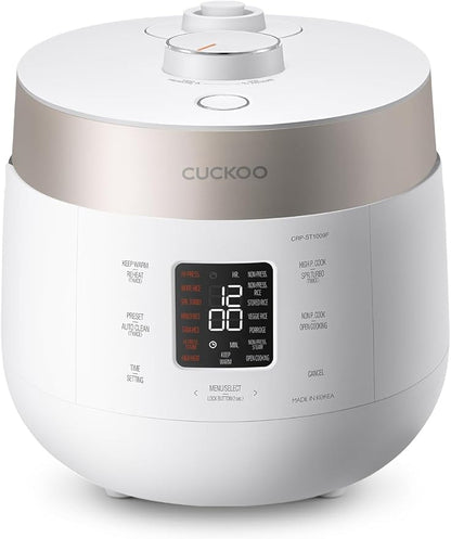 CUCKOO Twin Pressure Rice Cooker 10-Cup Uncooked / 20-Cup Cooked with Nonstick Inner Pot, Large Rice Maker & Warmer with 16 Menu Options, Open Cooking Mode, Voice Guide, White (CRP-ST1009FW)