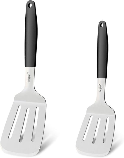Beijiyi 2-Piece Stainless Steel Spatula Set, 13.3" & 11.3" Slotted Turner, Heavy Duty Metal Spatulas for Cast Iron Skillet and Grilling Cooking with Silicone Handle, Flipper for Steak, Burger and Eggs