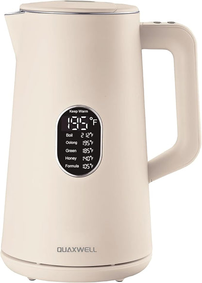 1.5L Electric Kettle Stainless Steel, Double Wall Cool Touch Teapot, Fast Boil,5 Temperature Control, LED Display, Auto Shut-Off,Keep Warm Function,Cream White