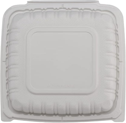 TIYA Clamshell Food Containers - 3-Compartment To-Go Containers - Microwavable Plastic with Hinged Lid - Great for Meal Prep (Bulk 150 Pack, White, 9x9 in) - BPA-Free