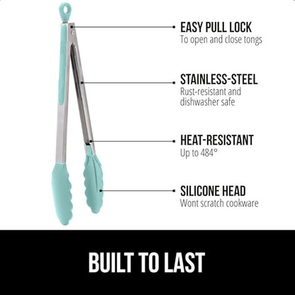 GORILLA GRIP Stainless Steel Heat Resistant Kitchen Tongs for Cooking, Set of 2 BBQ Tong, Non Scratch Silicone Tip for Pans, Strong Grip, Grab Food, Toss Salad, Air Fryer, Pull Lock, 7 + 9 Inch, Mint