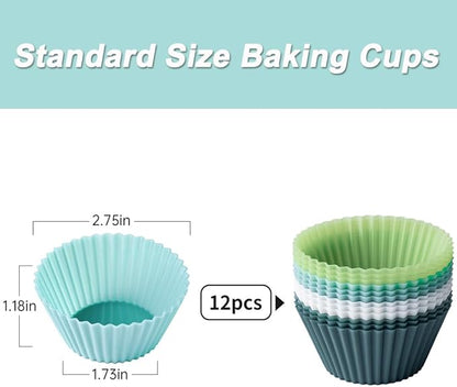 Silicone Muffin Baking Cups 12 Pack Reusable Cupcake Liners Non-stick Cake Molds, BPA Free, Dishwasher Safe
