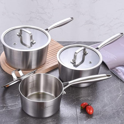 LOLYKITCH Tri-Ply Stainless Steel Saucepan Set-1QT & 2QT with Lids,Induction Sauce Pots,Pots and Pans Set,Oven and Dishwasher Safe.