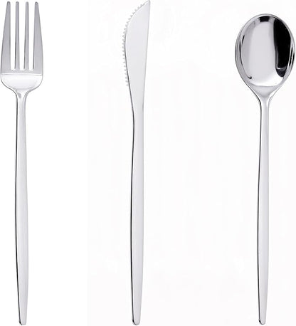 PULOTE 150PCS Silver Plastic Silverware Disposable - Heavy Duty Silver Plastic Cutlery Set - Plastic Utensils Set Include 50 Knives,50 Forks and 50 Spoons for Wedding,Party&Christmas
