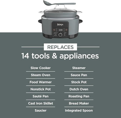 Ninja Foodi 8-in-1 Everyday Possible Cooker PRO 8.5-Quart Multi-Cooker with Glass Lid, Slow Coorker Integrated Spoon, and Non-Stick, Oven-Safe Pot,Sea Salt Grey