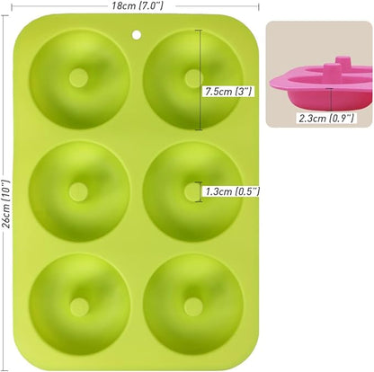 Newk Silicone Donut Pan, 6 Cavity Non-Stick Silicone Donut Mold for Donuts, Bagels - Set of 4, Blue+ Light Green+ Rose Red+ Orange
