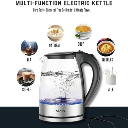 AZEUS Glass Electric Kettle - 1.8L Fast Boiling Auto-Shutoff & Anti-Dry Heat Safety Kettle for Home/Office, Borosilicate Glass with LED Indicator (white)