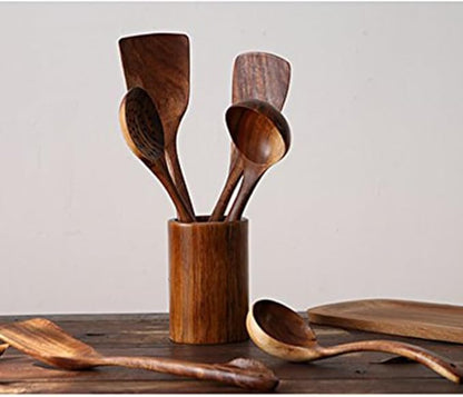 Wooden Spoons for Cooking, 4 Pcs Wooden Natural Teak Wood Spatulas Spoon, Nonstick Kitchen Utensil Set