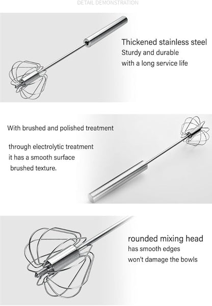 2 PCS Stainless Steel Semi-Automatic Whisk, Hand Push Rotary Whisk Blender, Versatile Milk Frother for Blending, Whisking, Stirring (12 Inch)