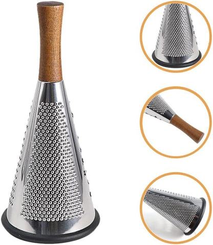 Ciieeo Stainless Steel Vegetable Grater with Wooden Handle - 3-Sided Cone Cheese and Fruit Shredder for Kitchen Use