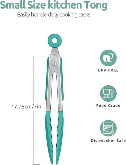 480ºF Heat Resistant Kitchen Tong: U-Taste 7in Silicone Cooking Tong with Firm Sealed Non Stick Rubber Tips & Silicon Coated 18/8 Stainless Steel Handle & Smooth Locking for Serving Salad (Aqua Sky)