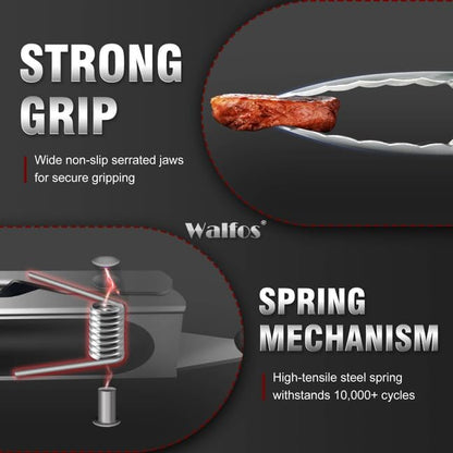Walfos Extra Long Grill Tongs - Heavy Duty Metal Tongs - 16 & 12 inch Great for Grilling,BBQ/Barbecue,Cooking - Stainless Steel and Non-Slip Heat Resistant Silicone Handle (Set of 2)