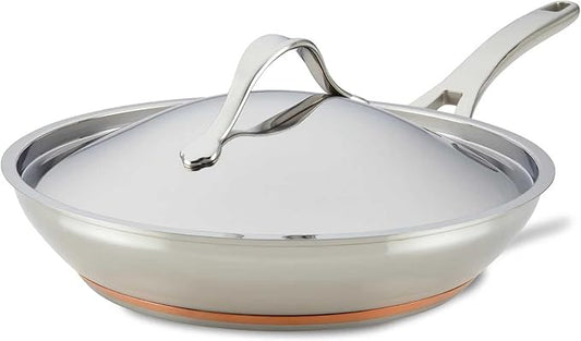 Anolon Nouvelle Stainless Stainless Steel Frying Pan / Fry Pan / Stainless Steel Skillet with Lid - 12 Inch, Silver