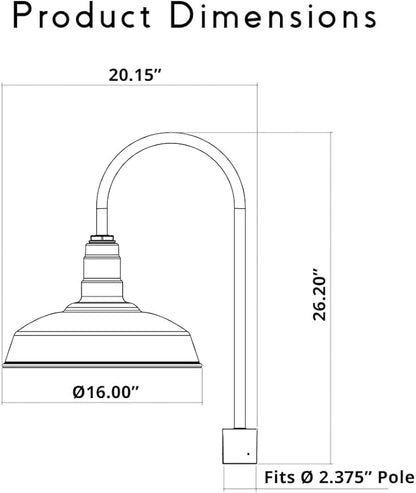 Steel Lighting Co. Gardena Barn Light | Outdoor Pole Top Mounted | 16" Dome | Upslope Gooseneck with Slip Fitter for 2-3/8" Standard Poles | Made in America | Matte Black Exterior/Brass Interior