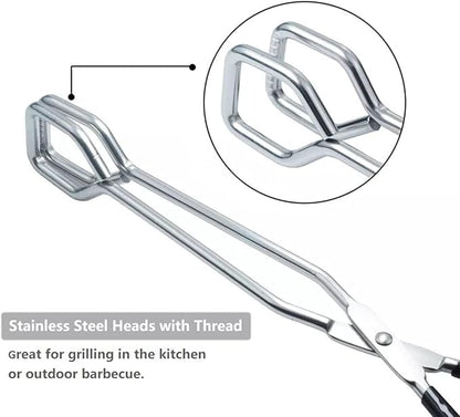 Scissor Tongs, 10-Inch Heavy Duty Stainless Steel Cooking Tongs With Plastic Silicone Kitchen Food Baking Bread Clamp BBQ Grilling Wire Tongs, Black Set of 2