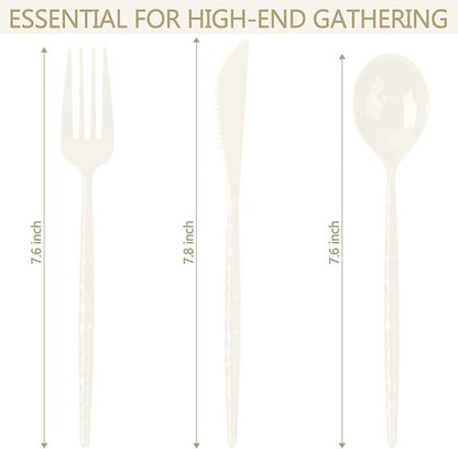 LIYH 150 Pcs Ivory Plastic Cutlery Sets - Ivory Plastic Silverware Heavyduty, Disposable Utensil Sets, 50 of Each Forks, Knives & Spoons Flatware Set for Party Birthday