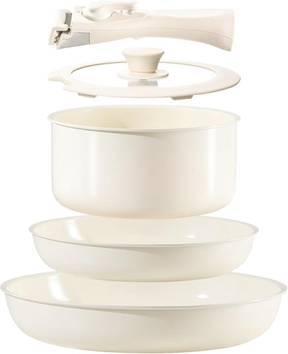 Chef Power Ceramic Nonstick Cookware Set 5 Piece with Detachable Handle, Induction Dishwasher Oven Safe Pans and Pots Set, RV Kicthen Set Removable Handle, Cream White