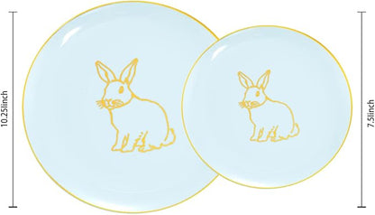 KIRE 60 Pieces Easter plates with Gold Bunny-Mint Green Plastic Plates include 30Pieces 10.25inch Dinner Bunny and 30Pieces 7.5inch Green Dessert/Salad Plates for Easter Day