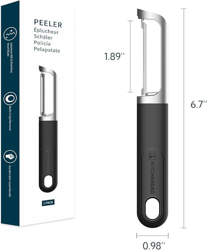 KITCHENDAO Swivel Vegetable Potato Peeler for Kitchen -Durable Japanese 420J2 Stainless Steel Sharp Dual Blade- Built-in Eye Remover, Ergonomic Soft-Touch Handle - Dishwasher Safe-Black