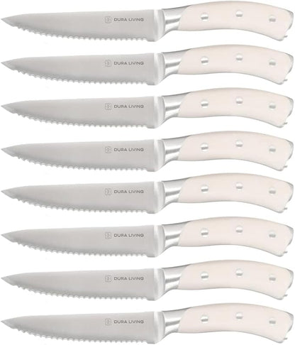 DURA LIVING 8-Piece Serrated Kitchen Steak Knife Set – Forged High Carbon Stainless Steel, Ultra Sharp, Ergonomic Black Handles, Durable Dinner Knives, Cream Handle
