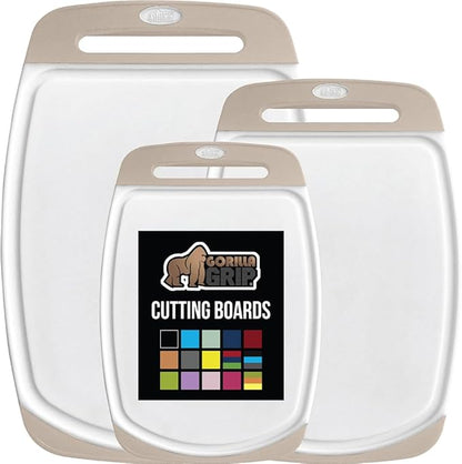 GORILLA GRIP BPA-Free Reversible Kitchen Cutting Board Set of 3, US Designed, Nonporous, Juice Grooves Catch Liquid, Slip Resistant Border, Dishwasher Safe, Durable Large Food Chopping Boards, Almond