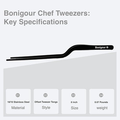 8 Inch Precision Offset Tweezers, Kitchen Culinary Stainless Steel Tongs, Curved Kitchen Cooking Multi-function Chef Precision Tweezer Tongs for Plating, Food Decorating and ect (Black)