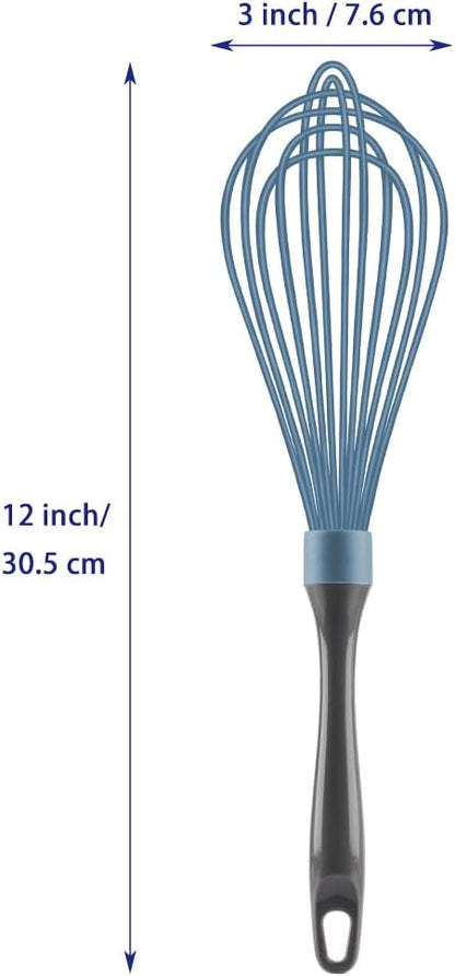 Dishwasher Safe Whisk, Professional Whisks, Stainless Steel & Silicone Wisk, Plastic Rubber Whisk Tool For Nonstick Cookware Pans, Heat Resistant Whisk, Blue, 12*3 inch (L-1-l)