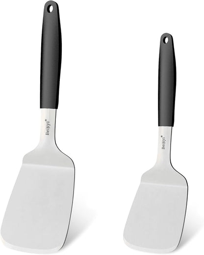 Beijiyi Stainless Steel Spatulas, 2 Pcs Metal Spatula Set for Cooking with Silicone Handle, Heavy Duty Turner for Cast Iron Skillet, Flat Top Grills, Kitchen Utensils for Steak, Pancake, Smash Burger
