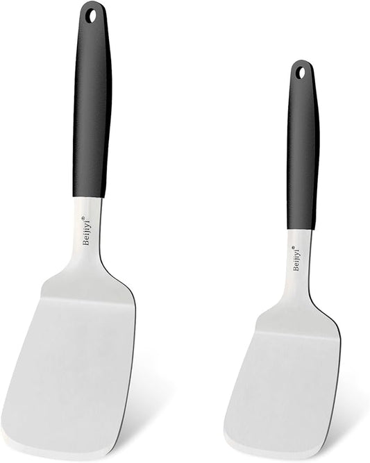 Beijiyi Stainless Steel Spatulas, 2 Pcs Metal Spatula Set for Cooking with Silicone Handle, Heavy Duty Turner for Cast Iron Skillet, Flat Top Grills, Kitchen Utensils for Steak, Pancake, Smash Burger