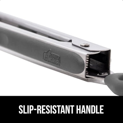 GORILLA GRIP Stainless Steel Heat Resistant Kitchen Tongs for Cooking, Set of 2 BBQ Tong, Non Scratch Silicone Tip for Pans, Strong Grip, Grab Food, Toss Salad, Air Fryer, Pull Lock, 7 + 9 Inch, Gray
