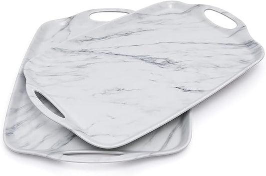 TP Serving Trays with Handles, 19 Inch Large Rectangular Melamine Serving Platter Set of 2, White Marble