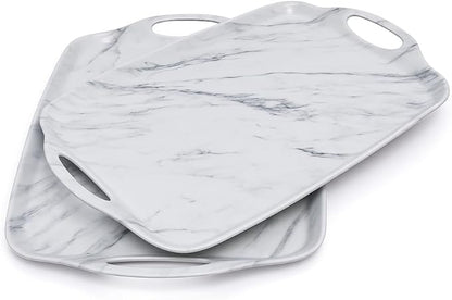 TP Serving Trays with Handles, 17 x 12 Inch Melamine Serving Platters for Food, Meat, Set of 2 Rectangular Trays for Eating, White Marble