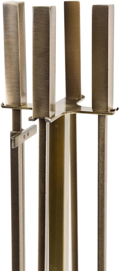 Modern Ember Harriet 5 Piece Fireplace Tool Set in Aged Brass | Includes Brush, Shovel, Fire Poker, Tongs, and Stand | Heavy-Duty Steel | Heat-Resistant Powder Coating Finish