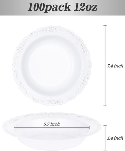 100 Pack White Plastic Bowls with Silver Rim, 12oz Plastic Salad Bowl, Disposable Bowls for Party, Dinners, Weddings, Christmas, Thanksgiving