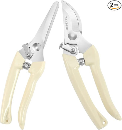 Premium garden shears, meperez pruning scissors gardening tools, pruners for flower, bushes, rose and fruit tree, use for florist, yard and orchard the plant clippers, sharp white steel anvil snips, 2
