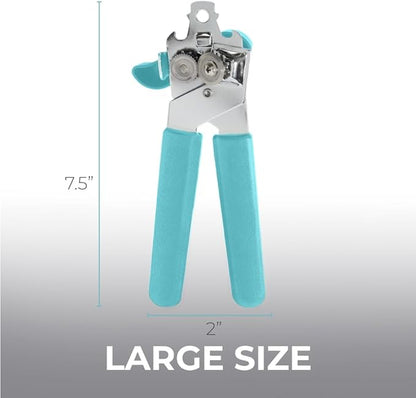Kitchen Genie Heavy Duty Stainless Steel Manual Can Opener, Strong Blade for Smooth Edge Cuts, Open Cans Easily, Slip-Resistant Ergonomic Handle, Easy Turn Knob, Bottle Openers Included, Teal