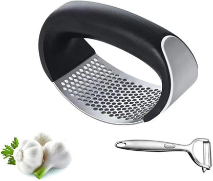 Stainless Steel Garlic Smash, Press Rocker Mincer/ Crusher/ Chopper with Peeler and Scraper Brush