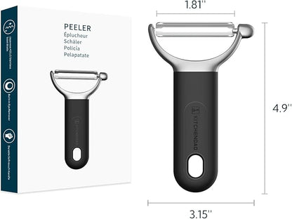 KITCHENDAO Swivel Vegetable Potato Peeler for Kitchen, Japanese Stainless Steel Sharp Blade, Heavy Duty Die-cast Construction Y Peeler, Built-in Eye Remover, Soft-touch Handle, Dishwasher Safe, Black