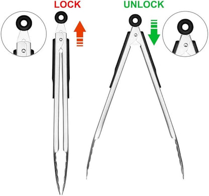 Grill Tongs, 16" Long BBQ Tongs, Premium Stainless Steel Locking Tongs Metal Tongs with Non-slip Handle for Outdoor Grill, BBQ/Barbecue, Cooking