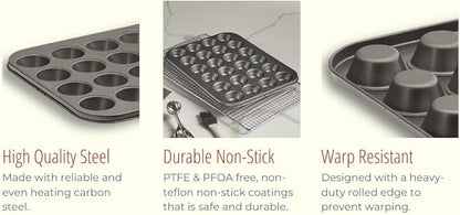 husMait Premium Quality Mini-Muffin Pan, Baking Sheet, and Cooling Rack. For Baking Mini Cupcakes, Muffins, Bite Size Tarts, Cookies. Non-Stick, Dishwasher Safe, Oven Safe (Muffin Pan)