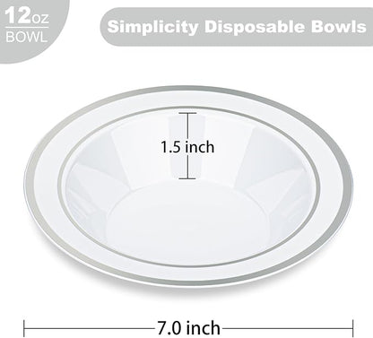 BESTVIP 200 Pack Plastic Bowls with Silver Rim, 12 oz Disposable Soup Bowls, Heavy-duty Dessert Fruit Bowl for Party, Wedding, Christmas, Thanksgiving, Dinner Catering