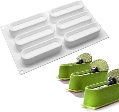 OCPO KITCHEN Eclair Silicone Mold for Baking Mousse Cake, French Dessert, Pastry, Chocolate, Ice Cream, Cake Decoration Mold, 3D Concave Eclair Shape (6-Cavity)