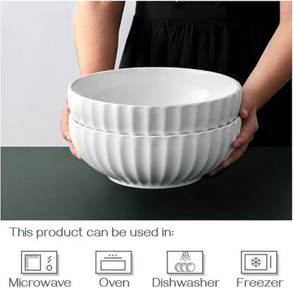 DOWAN 9.8'' Serving Bowls, 86 oz Large Salad Bowl, Ceramic Serving Dishes, Set of 2, Pumpkin Shape for Halloween, Entertaining, Party, Kitchen, Dinner, Banquet, Housewarming Gift, Soft White