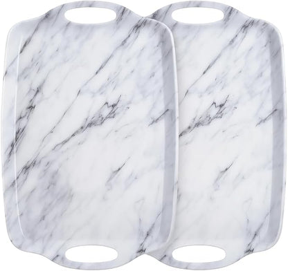TP Serving Trays with Handles, 19 Inch Large Rectangular Melamine Serving Platter Set of 2, White Marble