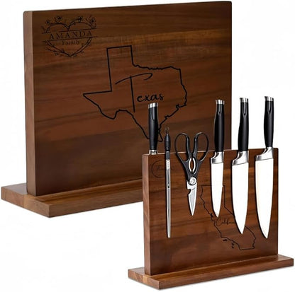 Personalized magnetic knife holder featuring the shape and name of the state where the US is located, as well as the date. Suitable for custom wedding, new home moving gifts, etc.