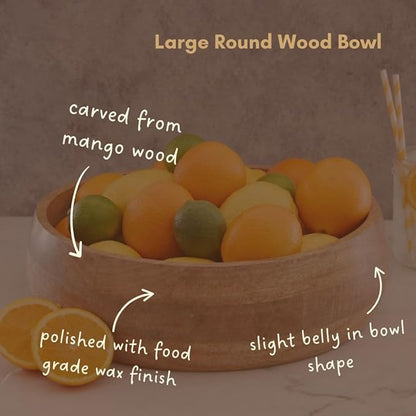 Large Salad Bowl, 15" Wide, Big Serving Dish for Pasta, Cut Fruit, Party, Catering, Wedding, Restaurant, Kitchen Countertop Fruit Bowl, Farmhouse Style, Mango Wood